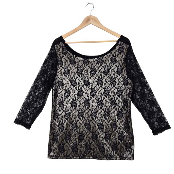 August Silk Top sz XL Black Nude Lace Detail 3/4 Sleeve Whimsigoth Fairy Boho - Picture 1 of 16